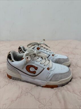 Coach Kids White and Brown C Logo Low-Top Sneakers with Leopard Accent